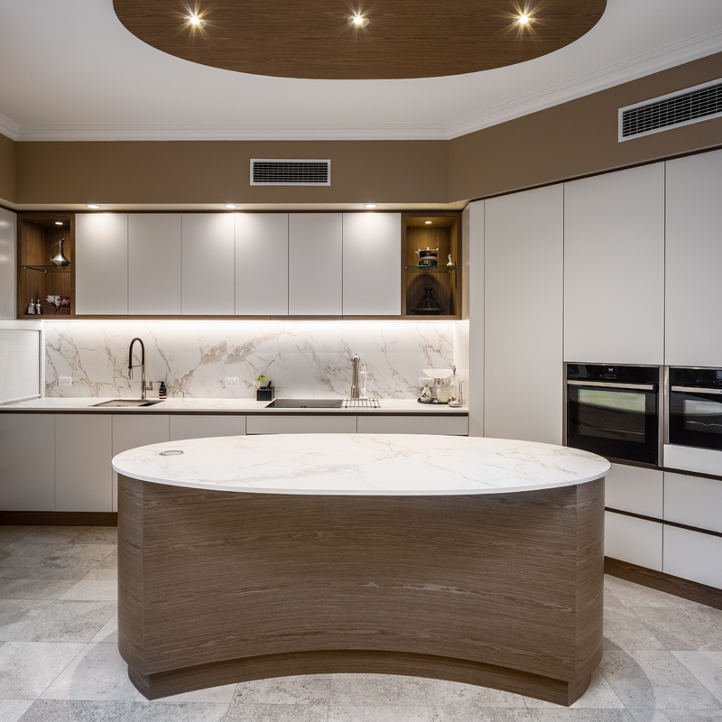 ตู้ครัวเมลามีนหรูหราออกแบบตามสั่งที่ทันสมัย ​​HMR Core Particle Board