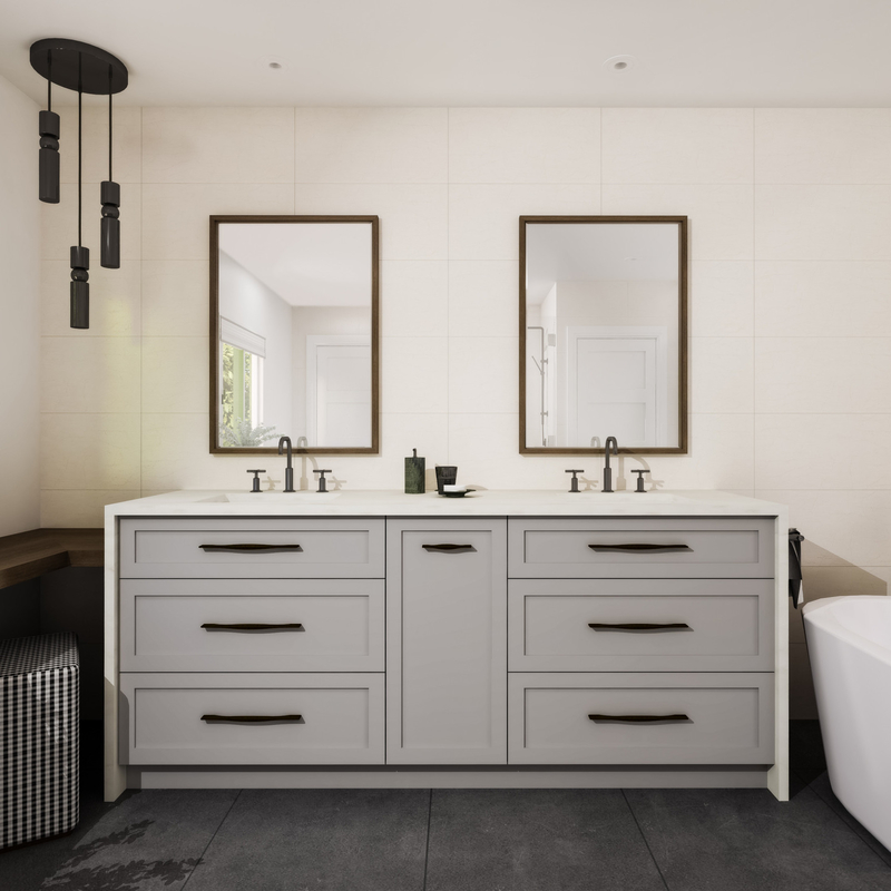 พื้นไม้เคลือบแล็กเกอร์ห้องน้ำ Vanity Units สีเทาอ่อน Shaker 72 Inch Double Mirror